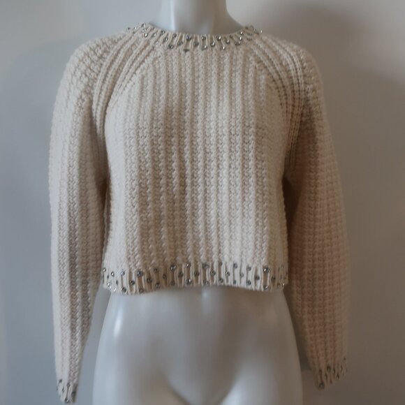 Womens ba&sh 100% Wool Cream Knit Sweater W/Silver Rhinestones Details Size XS - Picture 1 of 10